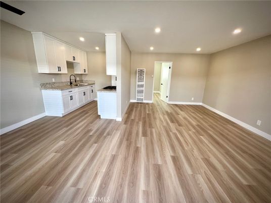 Empty room, Interior, Kitchen, Recessed Lighting, Wood Texture Flooring