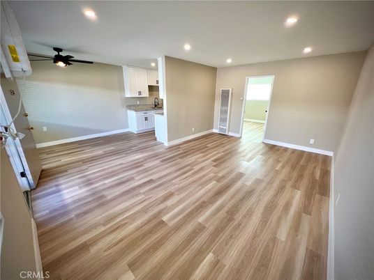 Empty room, Interior, Kitchen, Recessed Lighting, Wood Texture Flooring