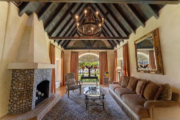 Chandelier, Fireplace, Interior, Living room, Wooden Beams, Wood Texture Flooring
