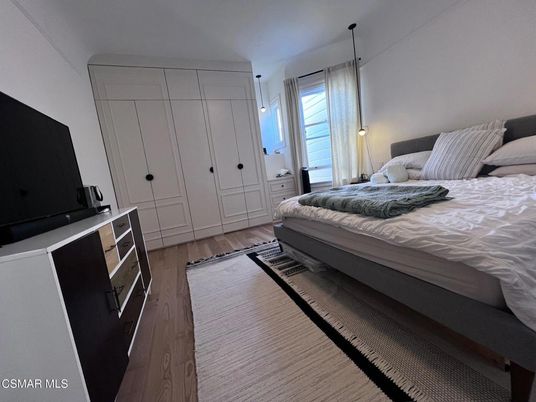 Bedroom, Interior, Pendant Lights, Wood Texture Flooring