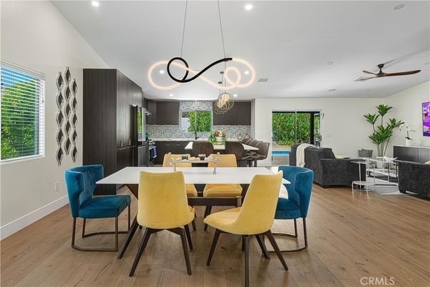 Dining room, Interior, Kitchen, Living room, Pendant Lights, Recessed Lighting, Stainless Steel Appliances, Wood Texture Flooring