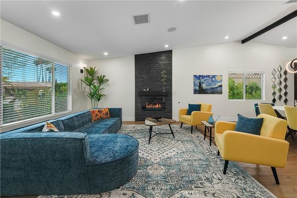 Fireplace, Interior, Living room, Recessed Lighting, Wood Texture Flooring
