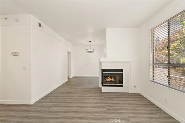 Empty room, Fireplace, Interior, Pendant Lights, Wood Texture Flooring