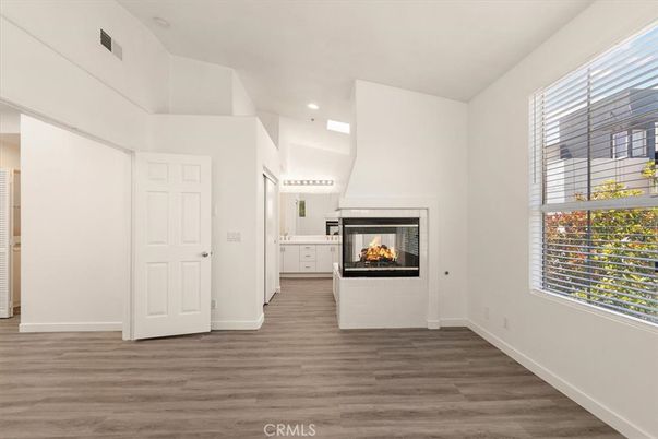 Empty room, Fireplace, Interior, Recessed Lighting, Wood Texture Flooring