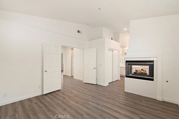 Empty room, Fireplace, Interior, Recessed Lighting, Wood Texture Flooring