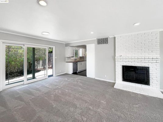Empty room, Fireplace, Interior, Kitchen, Recessed Lighting, Stone Walls