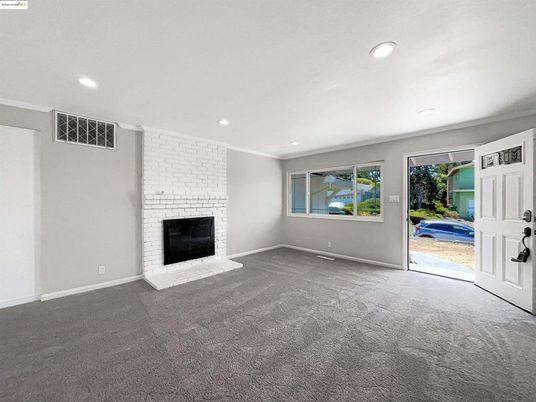 Empty room, Fireplace, Interior, Recessed Lighting, Stone Walls