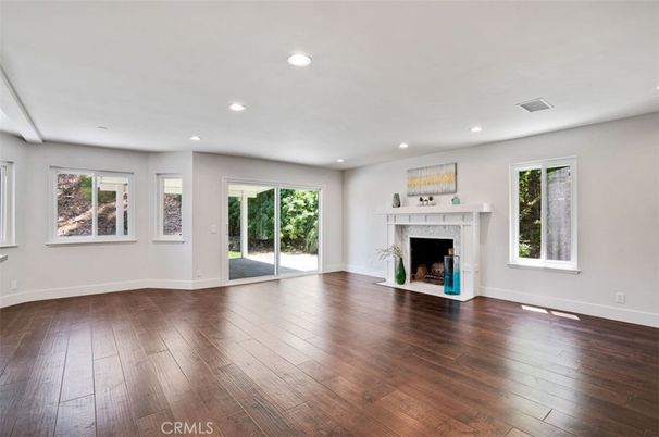Empty room, Fireplace, Interior, Recessed Lighting, Wood Texture Flooring