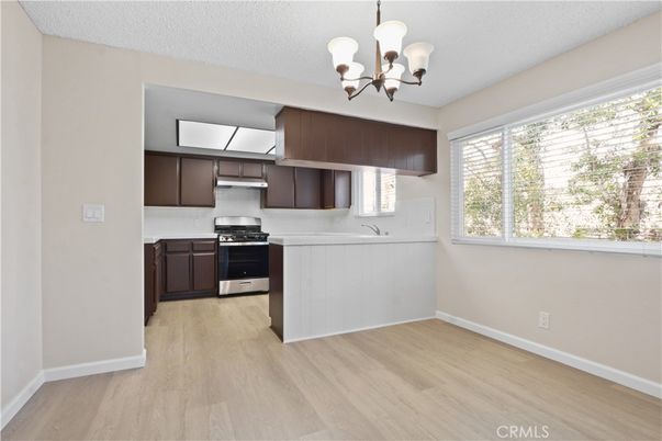 Chandelier, Interior, Kitchen, Stainless Steel Appliances, Wood Texture Flooring