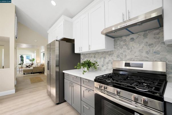 Interior, Kitchen, Living room, Recessed Lighting, Stainless Steel Appliances, Wood Texture Flooring
