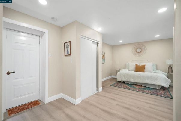 Bedroom, Interior, Recessed Lighting, Wood Texture Flooring
