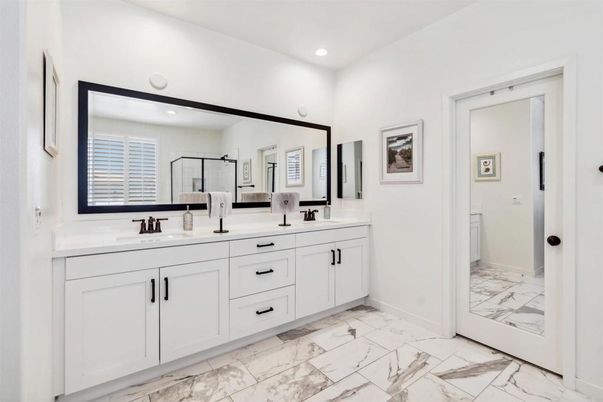 Bathroom, Dual Sink Vanities, Interior, Marble, Recessed Lighting