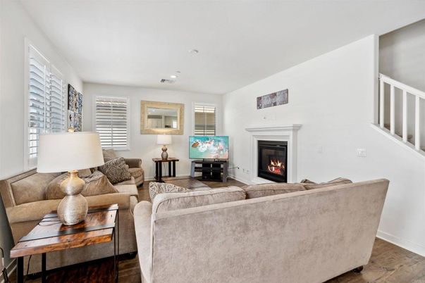 Fireplace, Interior, Living room, Recessed Lighting, Wood Texture Flooring