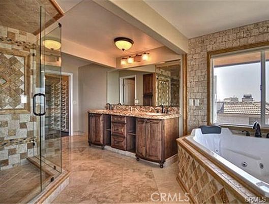 Bathroom, Dual Sink Vanities, Glass Shower, Interior, Stone Walls