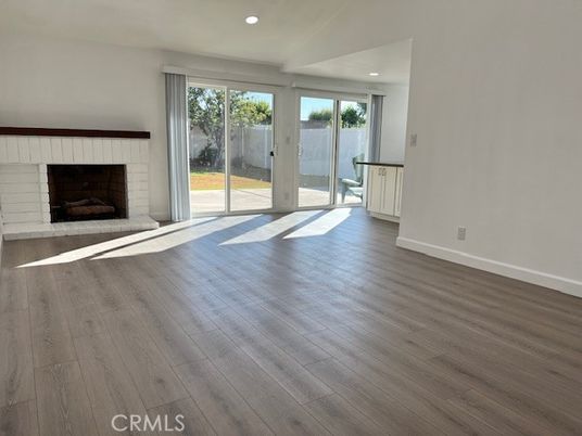 Empty room, Fireplace, Interior, Recessed Lighting, Wood Texture Flooring
