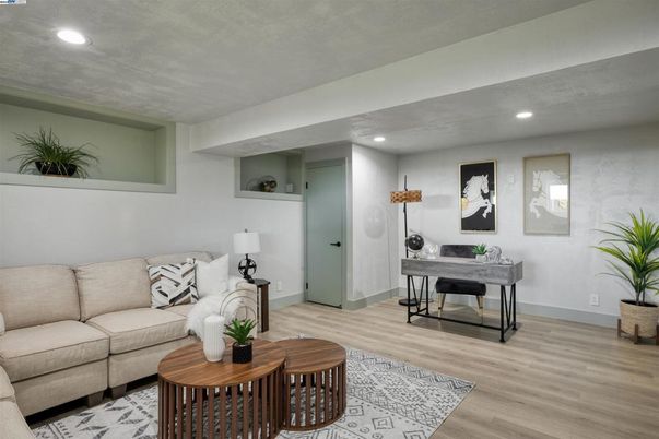 Home Office, Interior, Living room, Recessed Lighting, Wood Texture Flooring
