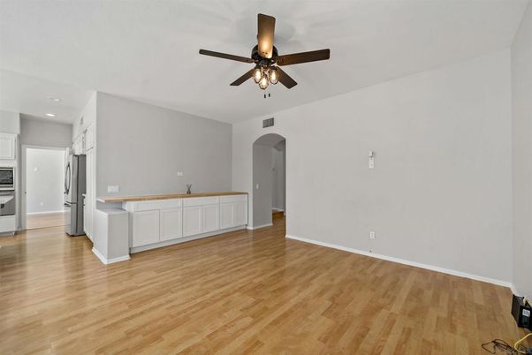 Empty room, Interior, Kitchen, Recessed Lighting, Wood Texture Flooring