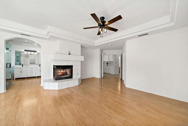 Empty room, Fireplace, Interior, Recessed Lighting, Wood Texture Flooring