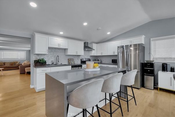 Interior, Kitchen, Living room, Recessed Lighting, Stainless Steel Appliances, Wood Texture Flooring