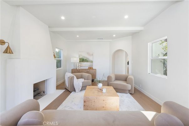 Fireplace, Interior, Living room, Recessed Lighting, Wood Texture Flooring