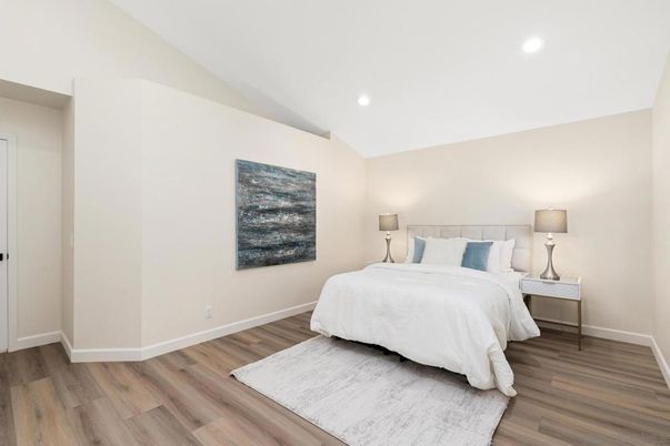 Bedroom, Interior, Recessed Lighting, Wood Texture Flooring