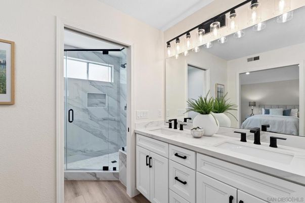 Bathroom, Bedroom, Dual Sink Vanities, Glass Shower, Interior, Marble Walls, Wood Texture Flooring