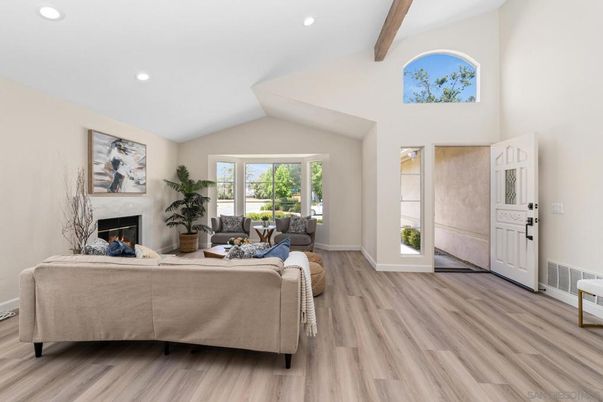 Fireplace, Interior, Living room, Recessed Lighting, Wooden Beams, Wood Texture Flooring