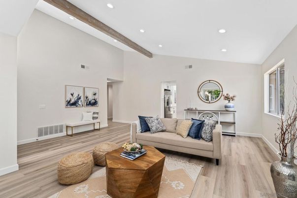 Interior, Living room, Recessed Lighting, Wooden Beams, Wood Texture Flooring