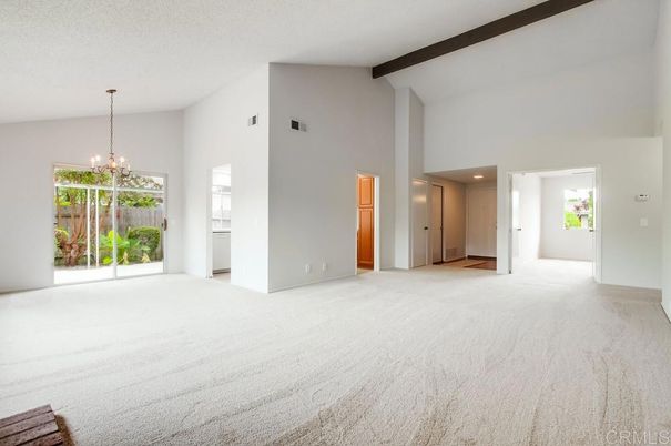 Chandelier, Empty room, Interior, Recessed Lighting, Wooden Beams