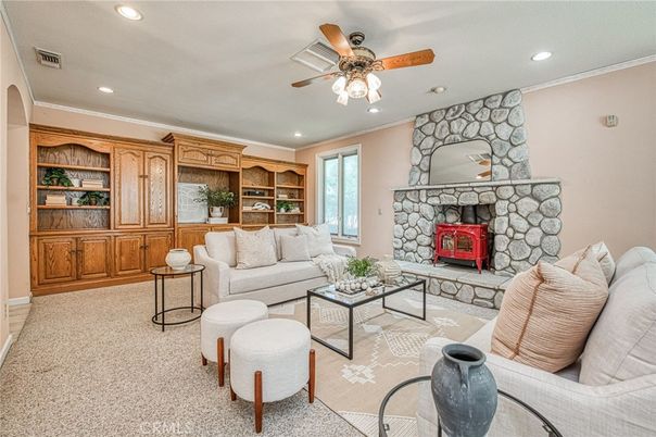 Fireplace, Interior, Living room, Recessed Lighting, Stone Walls