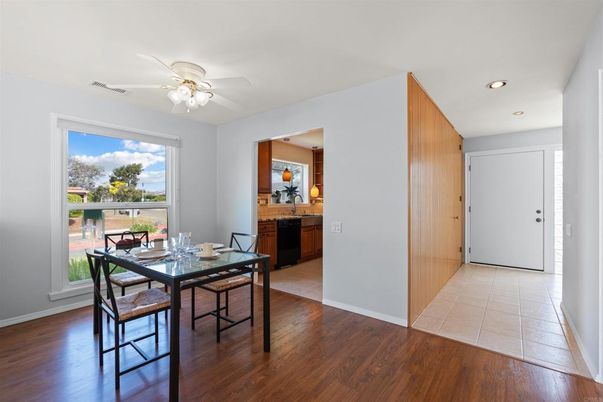 Dining room, Interior, Recessed Lighting, Wood Texture Flooring