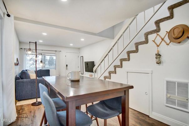 Dining room, Interior, Recessed Lighting, Wood Texture Flooring
