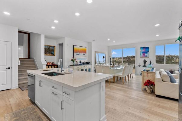 Dining room, Interior, Kitchen, Living room, Recessed Lighting, Wood Texture Flooring