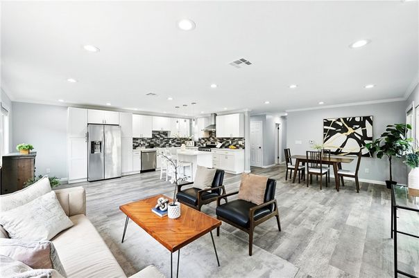 Dining room, Interior, Kitchen, Living room, Pendant Lights, Recessed Lighting, Stainless Steel Appliances, Wood Texture Flooring