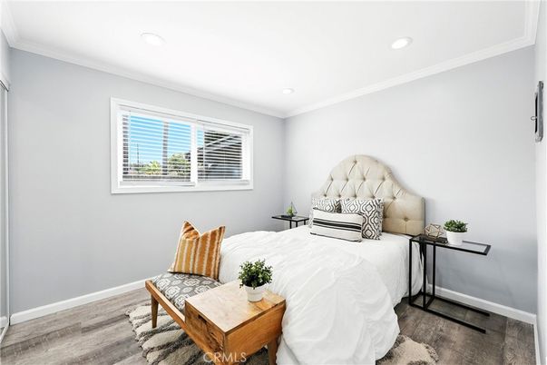 Bedroom, Interior, Recessed Lighting, Wood Texture Flooring