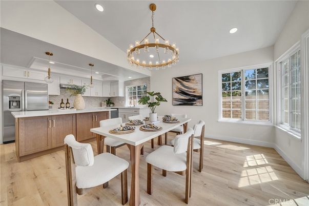 Dining room, Interior, Kitchen, Pendant Lights, Recessed Lighting, Stainless Steel Appliances, Wood Texture Flooring