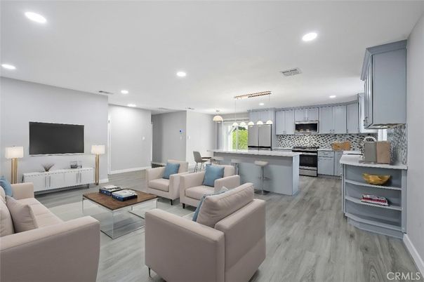 Interior, Kitchen, Living room, Pendant Lights, Recessed Lighting, Stainless Steel Appliances, Wood Texture Flooring