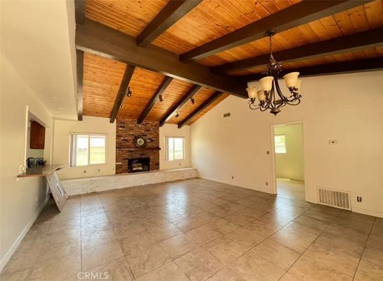 Chandelier, Empty room, Fireplace, Interior, Wooden Beams, Wooden Ceilings