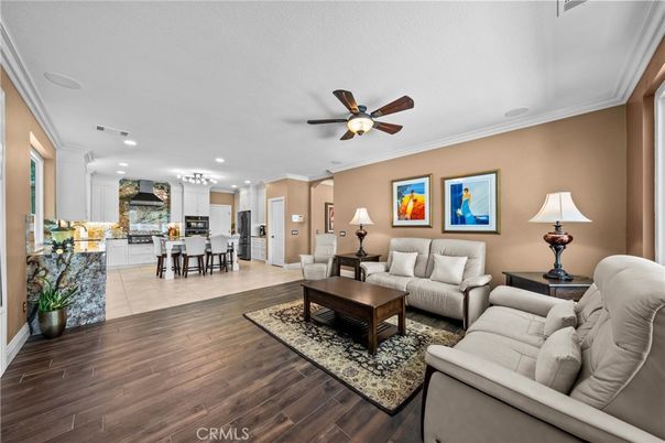 Dining room, Interior, Kitchen, Living room, Pendant Lights, Recessed Lighting, Stainless Steel Appliances, Wood Texture Flooring