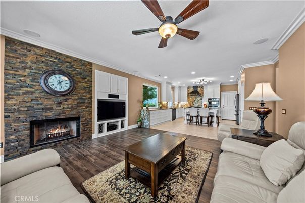 Dining room, Fireplace, Interior, Kitchen, Living room, Pendant Lights, Recessed Lighting, Stone Walls, Wood Texture Flooring