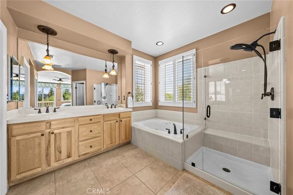 Bathroom, Dual Sink Vanities, Glass Shower, Interior, Pendant Lights, Recessed Lighting