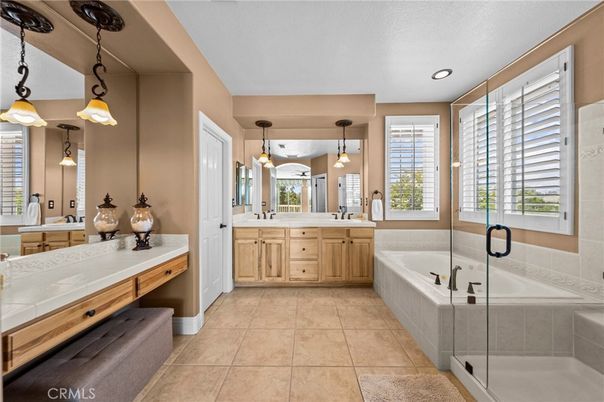 Bathroom, Dual Sink Vanities, Glass Shower, Interior, Pendant Lights, Recessed Lighting