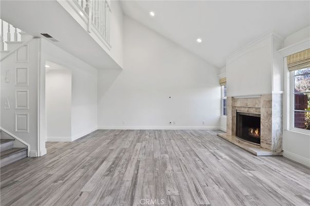 Empty room, Fireplace, Interior, Recessed Lighting, Wood Texture Flooring