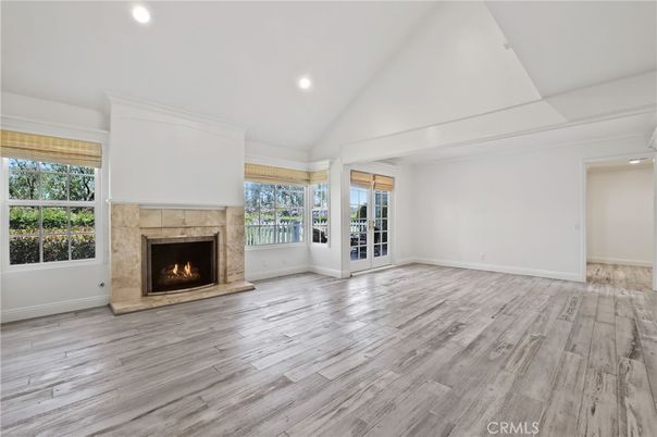 Empty room, Fireplace, Interior, Recessed Lighting, Wood Texture Flooring
