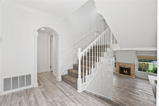 Fireplace, Interior, Recessed Lighting, Wood Texture Flooring