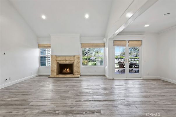 Empty room, Fireplace, Interior, Recessed Lighting, Wood Texture Flooring