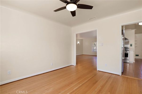 Empty room, Interior, Kitchen, Stainless Steel Appliances, Wood Texture Flooring