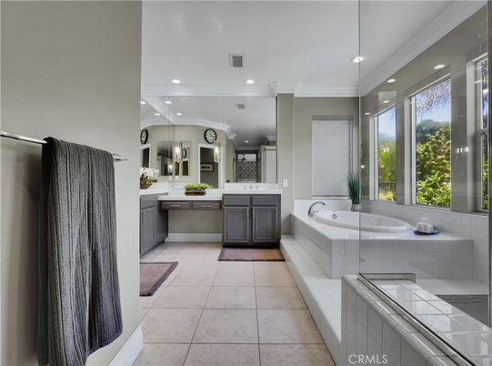 Bathroom, Dual Sink Vanities, Interior, Recessed Lighting, Tile Countertops