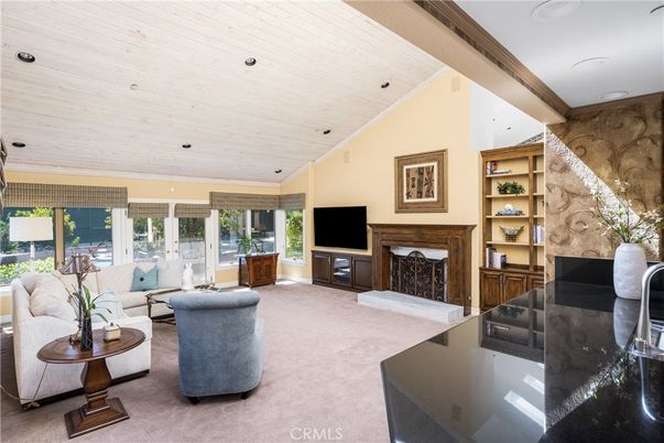 Fireplace, Interior, Living room, Recessed Lighting, Wooden Ceilings