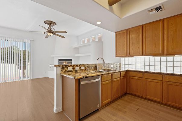 Fireplace, Interior, Kitchen, Recessed Lighting, Wood Texture Flooring